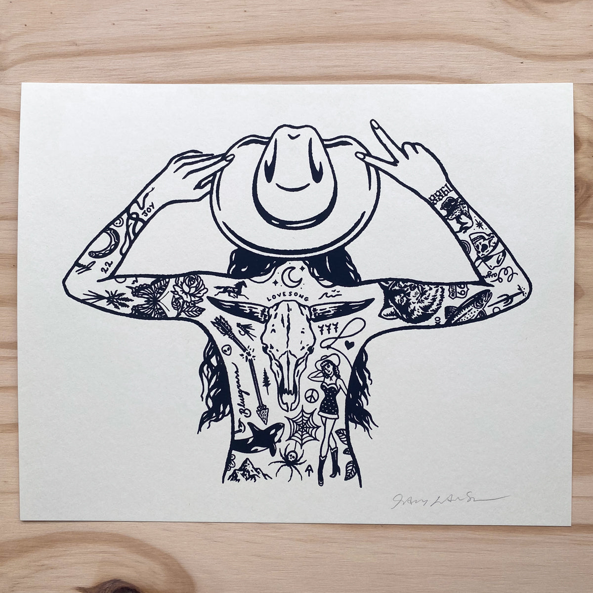 Tattooed Cowgirl 4 - Signed 8x10in Silkscreen Print – Steel Bison, image size:1200x1200