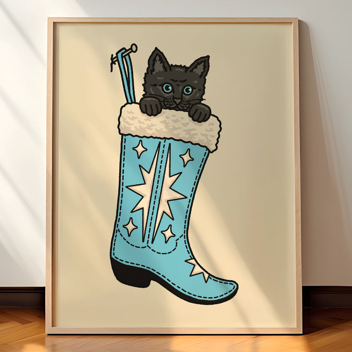 Black Christmas Kitten (Blue) Giclée Print