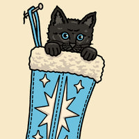 Black Christmas Kitten (Blue) Giclée Print