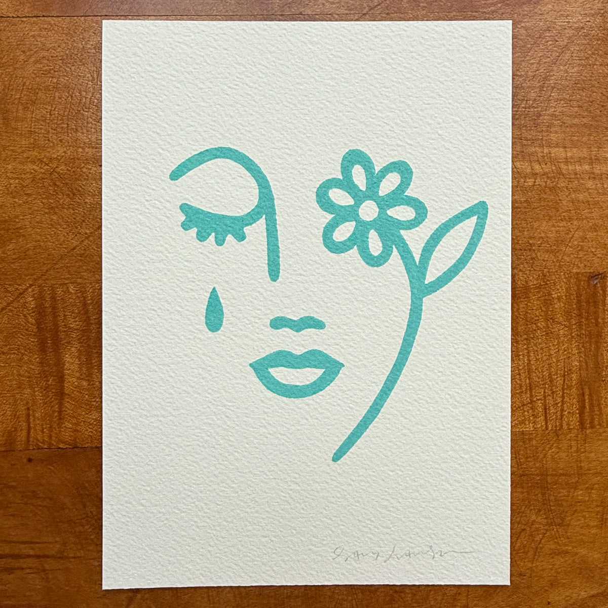 No Rain No Flowers 5x7in Original Paint Pen Drawing (Turquoise)