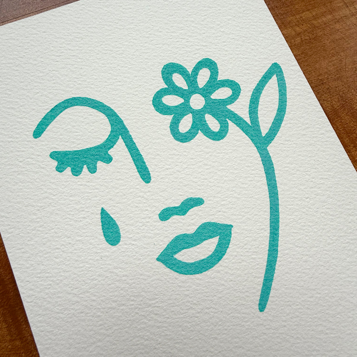 No Rain No Flowers 5x7in Original Paint Pen Drawing (Turquoise)