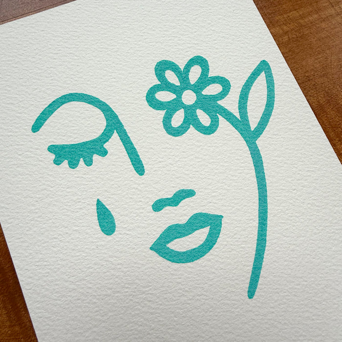 No Rain No Flowers 5x7in Original Paint Pen Drawing (Turquoise)