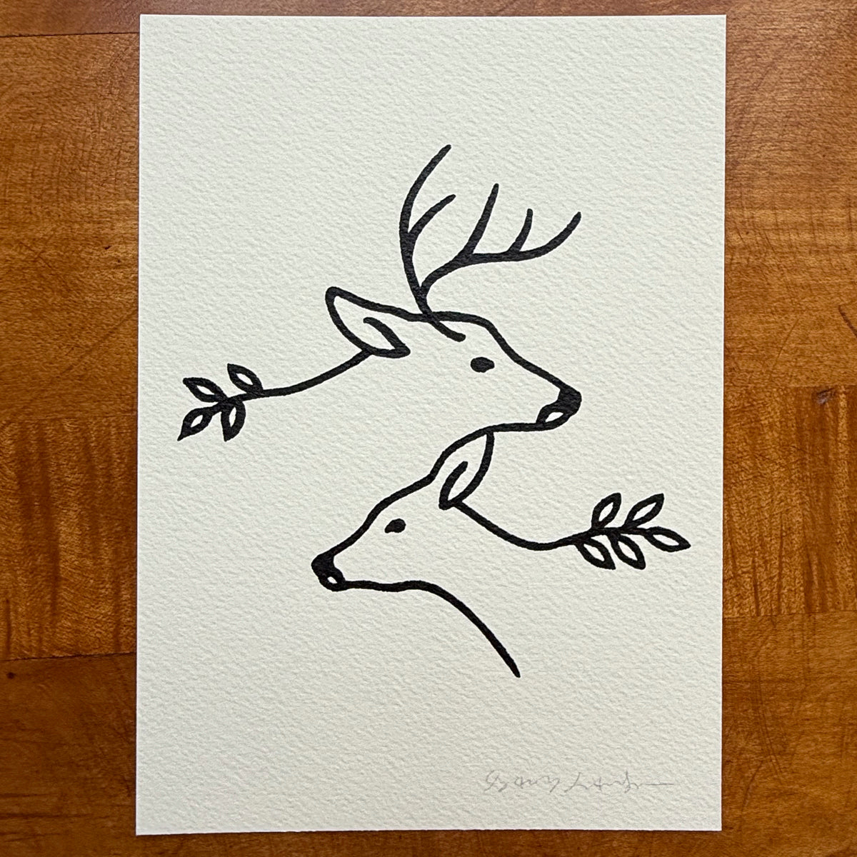 Together Deer 5x7in Original Paint Pen Drawing (Black 2)