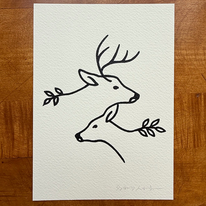 Together Deer 5x7in Original Paint Pen Drawing (Black 2)