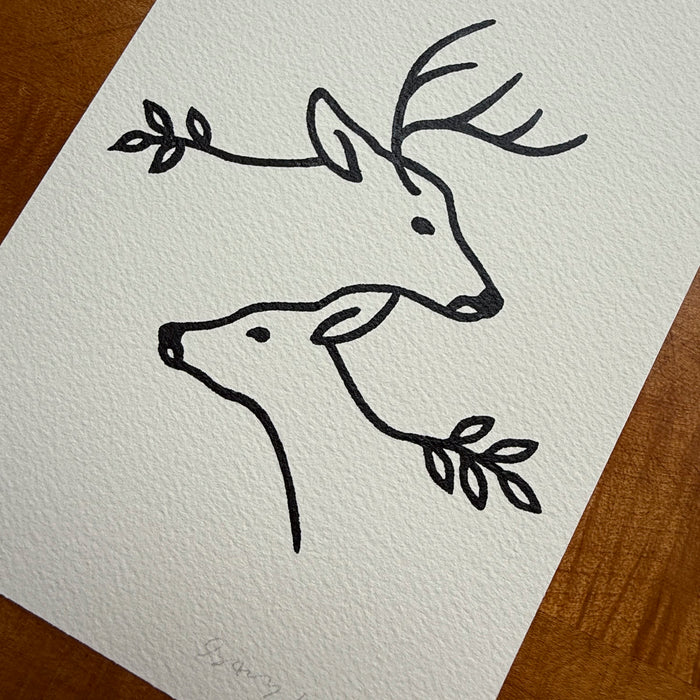 Together Deer 5x7in Original Paint Pen Drawing (Black 2)