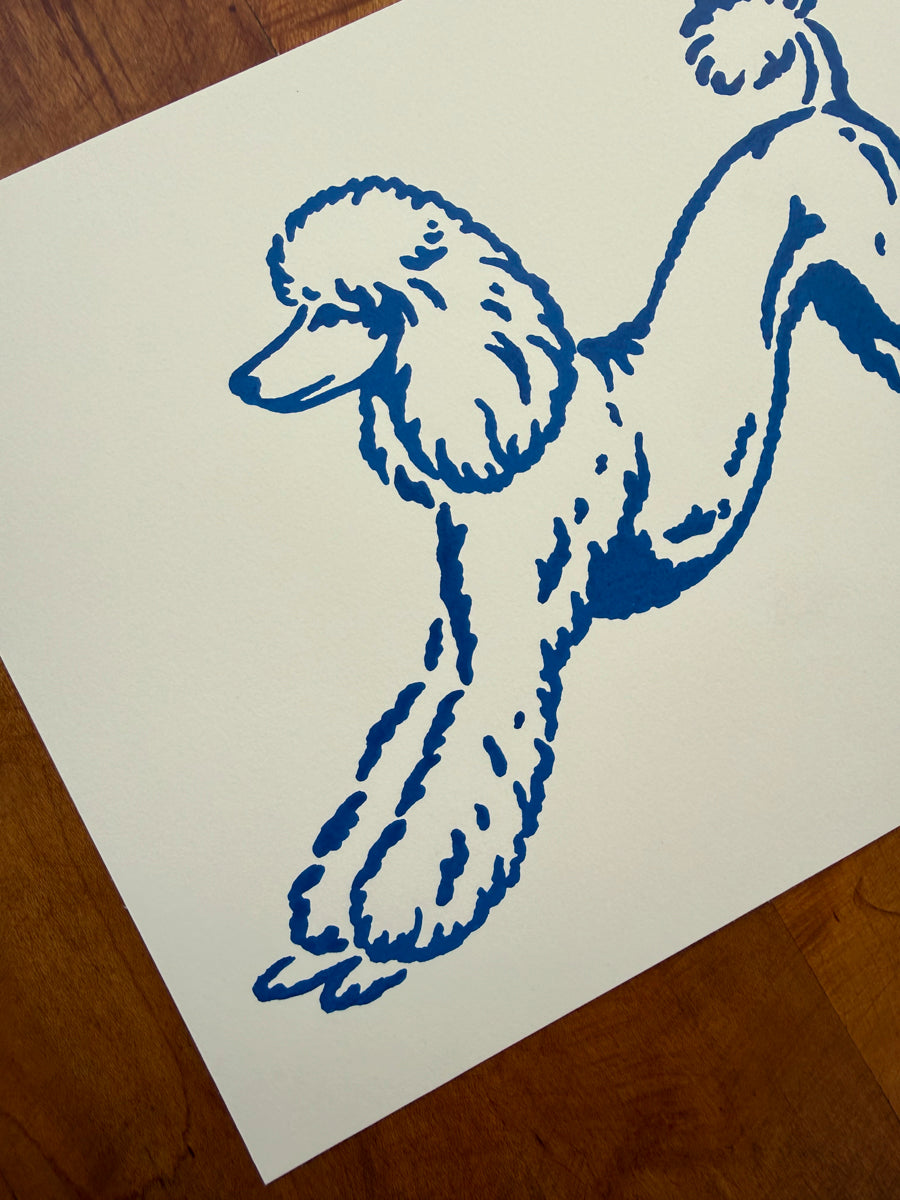 Poodle Stretch 10x8in Original Paint Pen Drawing (Blue)