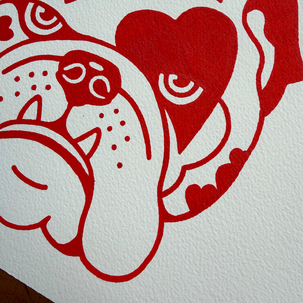 English Bulldog Hearts 10x8in Original Paint Pen Drawing (Red)