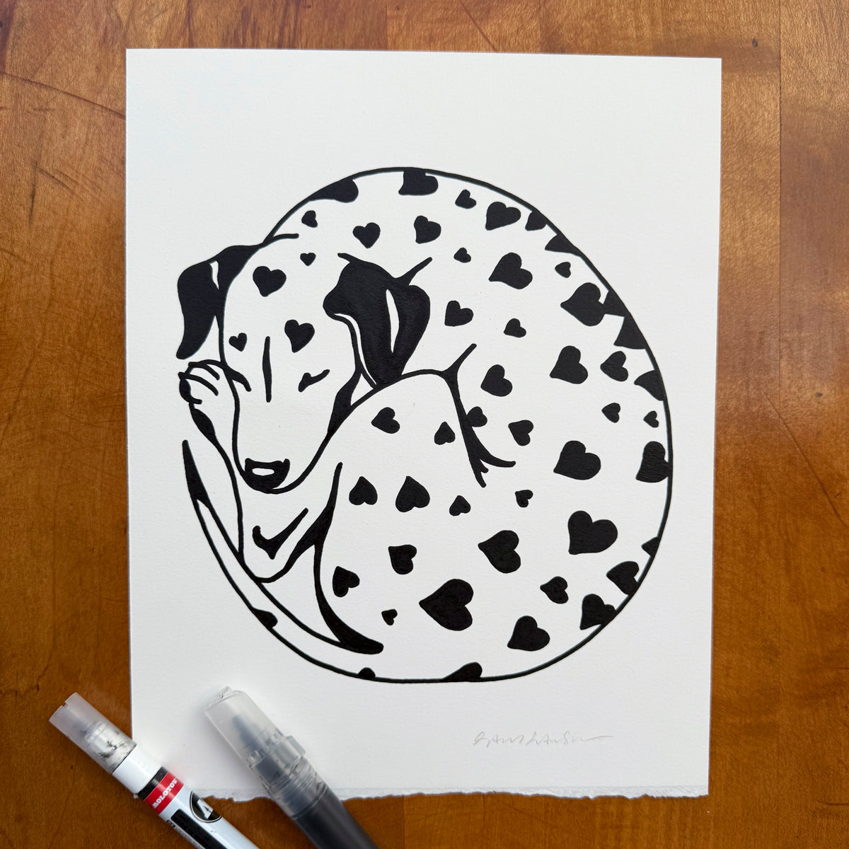 Dalmatian Hearts 8x10in Original Paint Pen Drawing (Black)