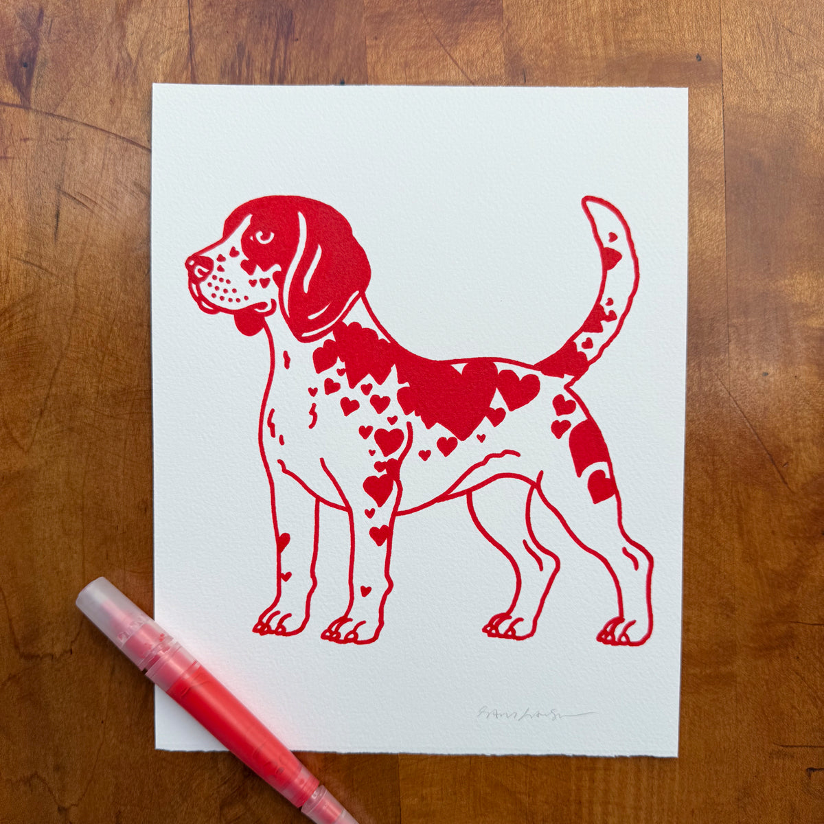 Beagle Hearts 8x10in Original Paint Pen Drawing (Red)