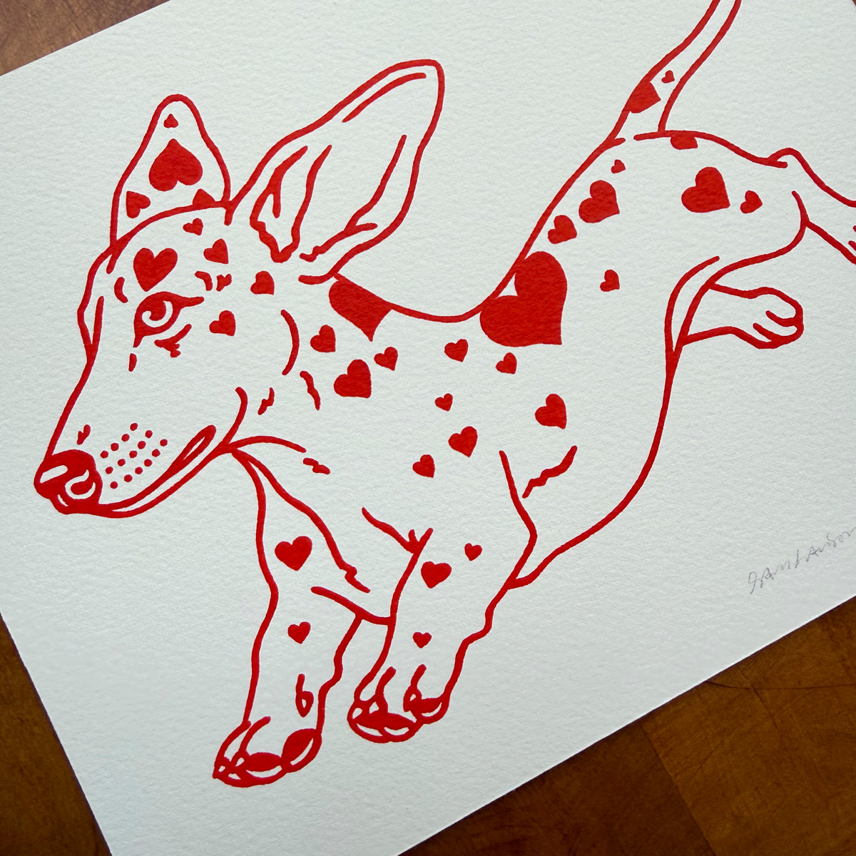 SOLD OUT. Doxie Hearts 10x8in Original Paint Pen Drawing (Red)
