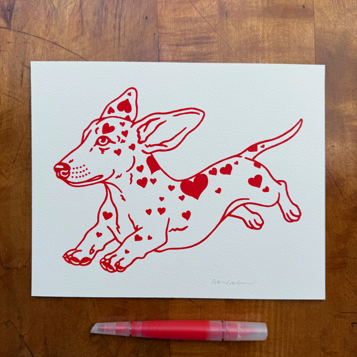 SOLD OUT. Doxie Hearts 10x8in Original Paint Pen Drawing (Red)