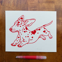 SOLD OUT. Doxie Hearts 10x8in Original Paint Pen Drawing (Red)