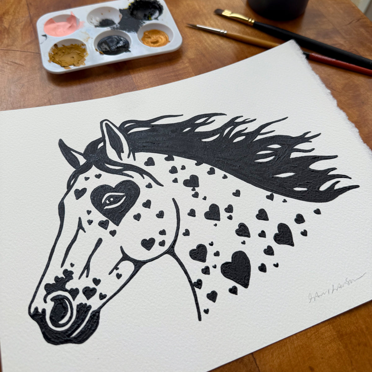 SOLD OUT. Mustang Hearts 10x8in Original Painting (Glossy Black)