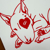 SOLD OUT. Bull Terrier Hearts 10x8in Original Paint Pen Drawing (Red)