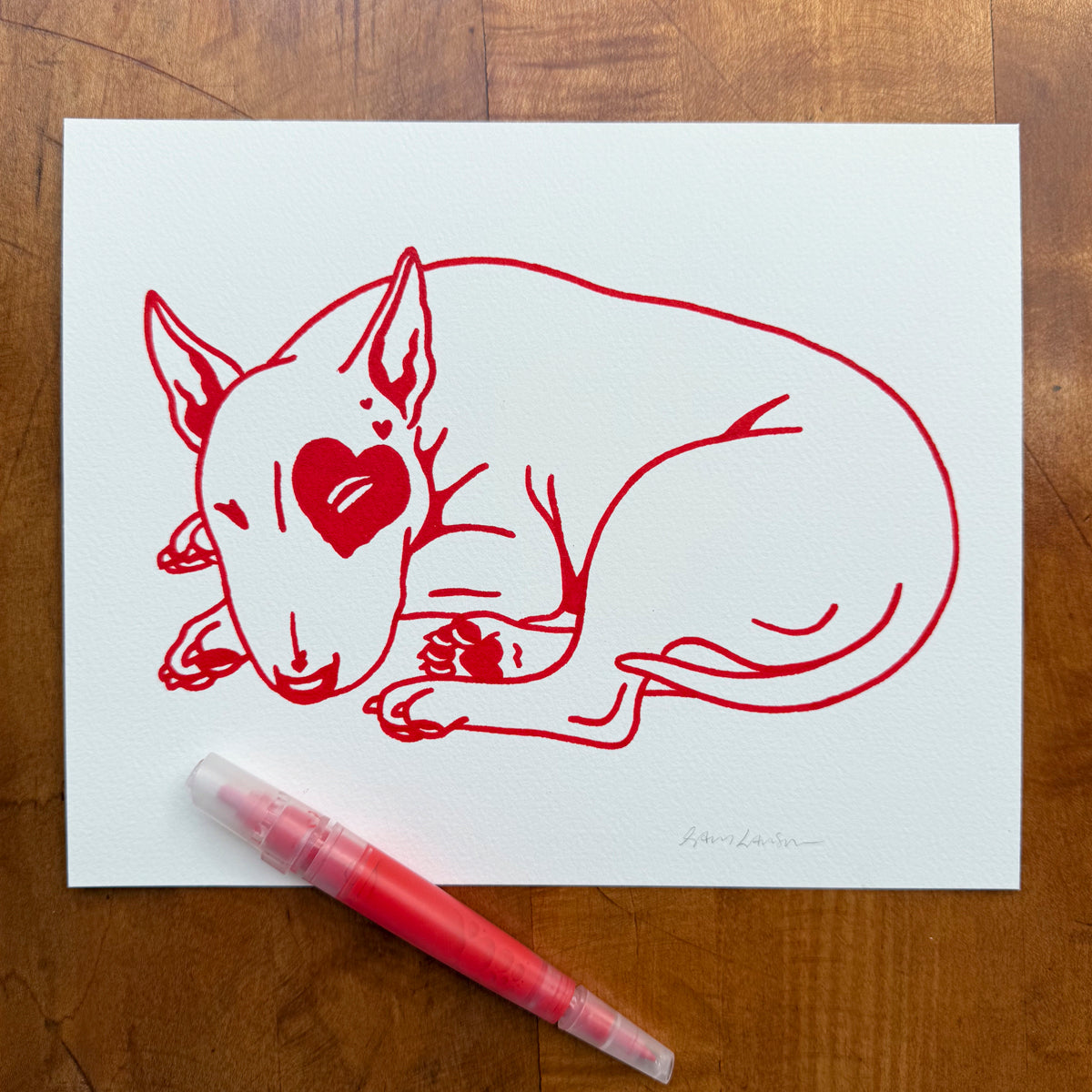 SOLD OUT. Bull Terrier Hearts 10x8in Original Paint Pen Drawing (Red)
