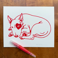 SOLD OUT. Bull Terrier Hearts 10x8in Original Paint Pen Drawing (Red)