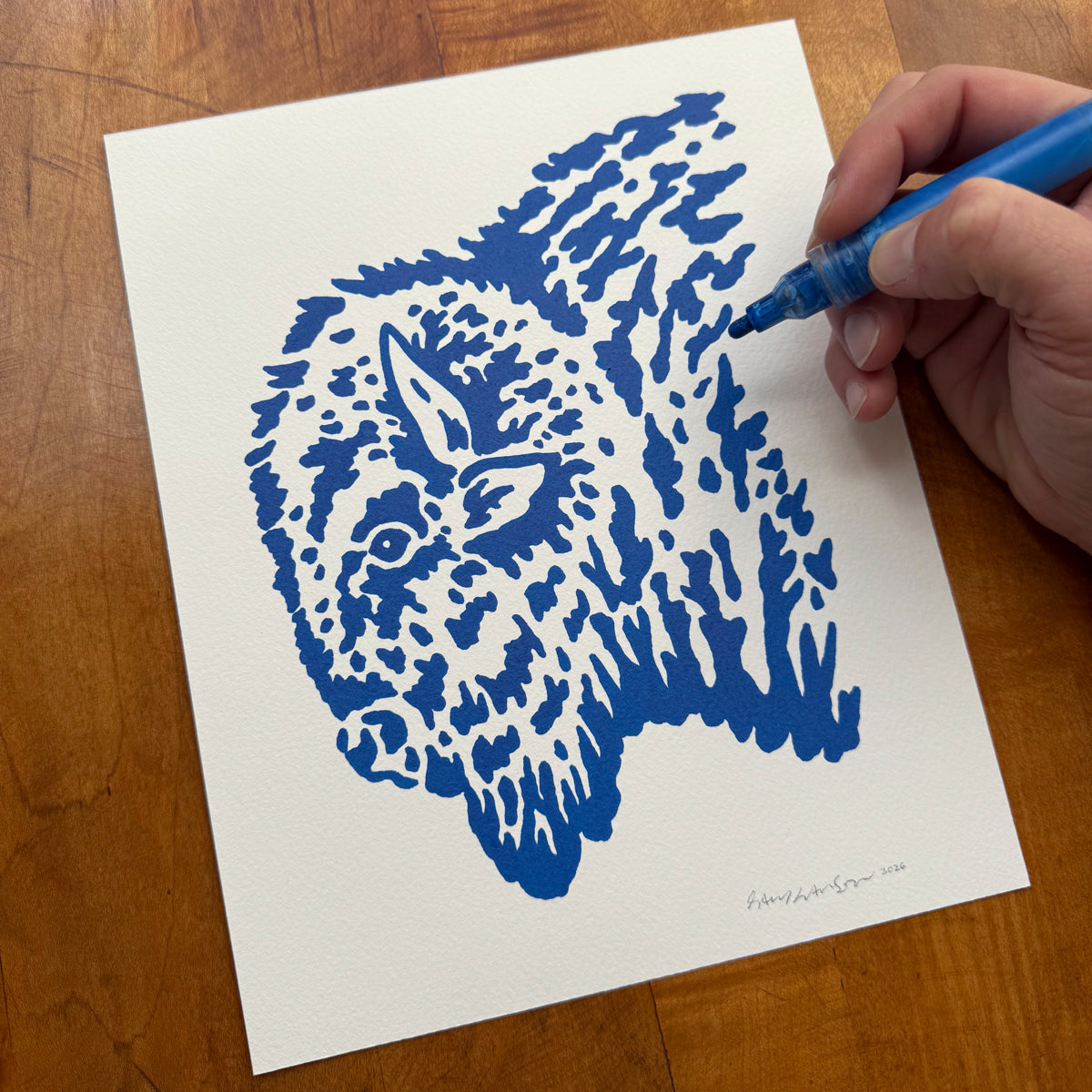 Blue Bison 8x10in Original Paint Pen Drawing