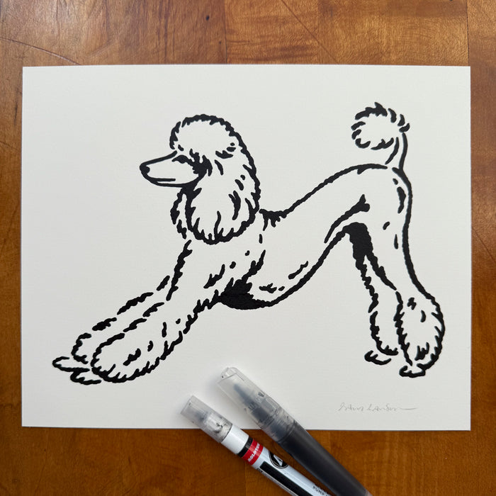 SOLD OUT. Poodle Stretch 10x8in Original Paint Pen Drawing (Black)