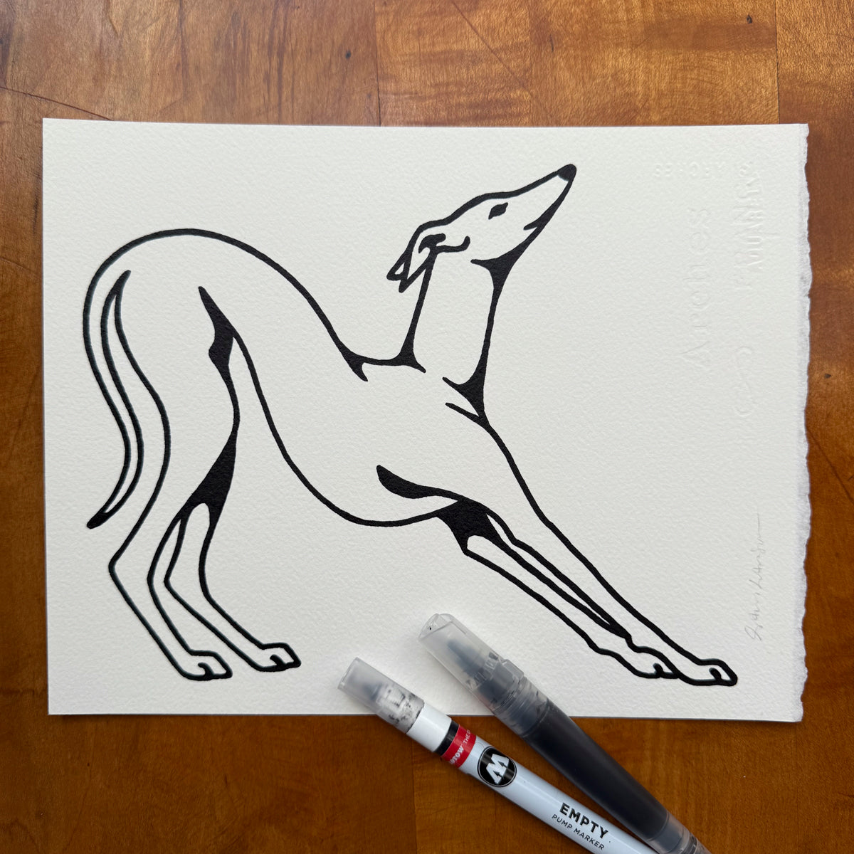 Greyhound Stretch 10x8in Original Paint Pen Drawing (Black)