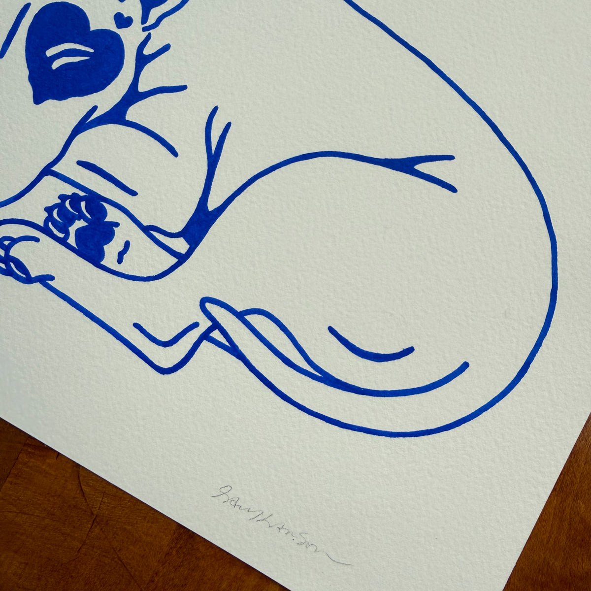 Bull Terrier Hearts 10x8in Original Paint Pen Drawing (Primary Blue)