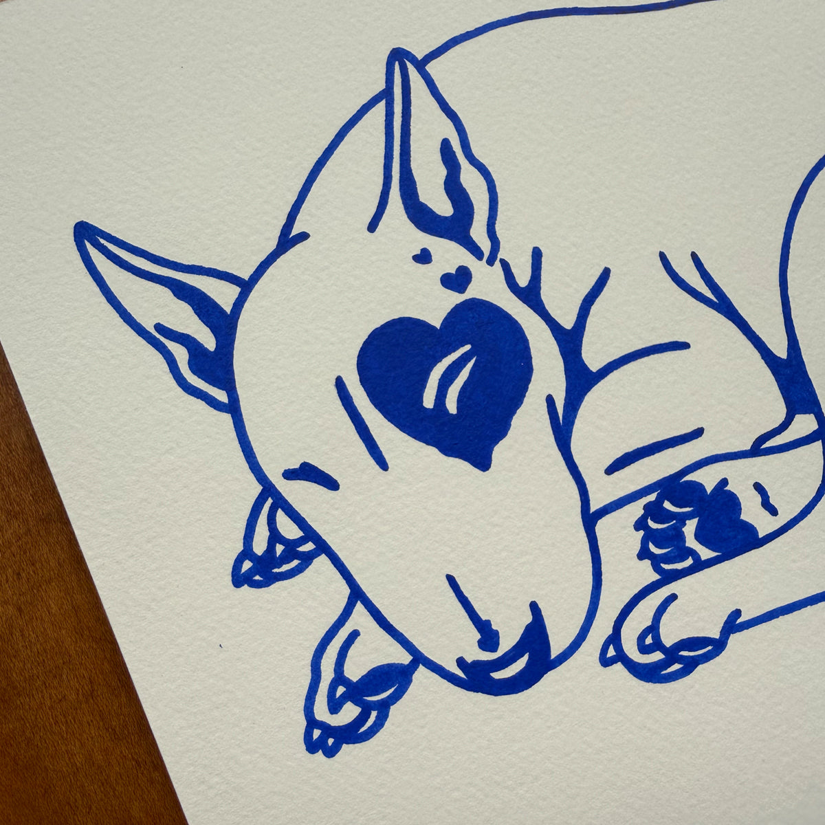 Bull Terrier Hearts 10x8in Original Paint Pen Drawing (Primary Blue)