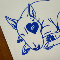 Bull Terrier Hearts 10x8in Original Paint Pen Drawing (Primary Blue)