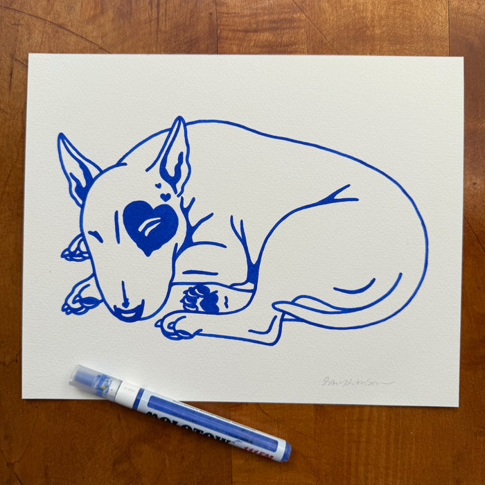 Bull Terrier Hearts 10x8in Original Paint Pen Drawing (Primary Blue)