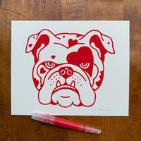 English Bulldog Hearts 10x8in Original Paint Pen Drawing (Red)