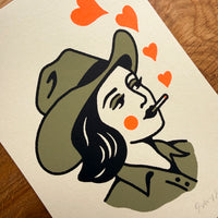 Sweetheart - Signed 5x7in Silkscreen Smoking Cowgirl Print