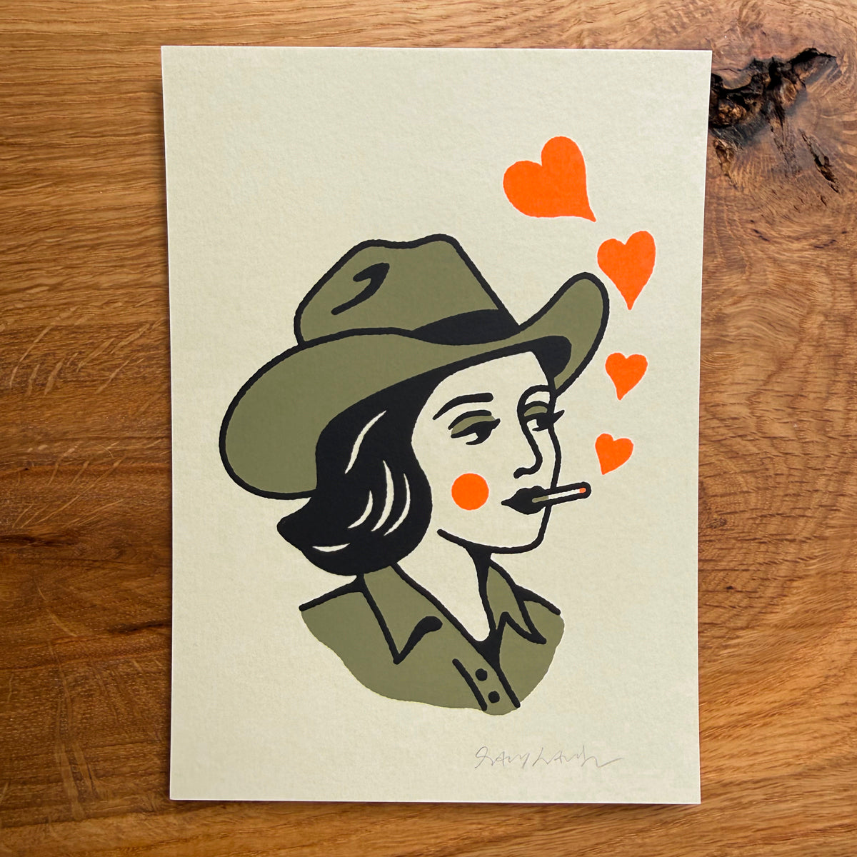 Sweetheart - Signed 5x7in Silkscreen Smoking Cowgirl Print