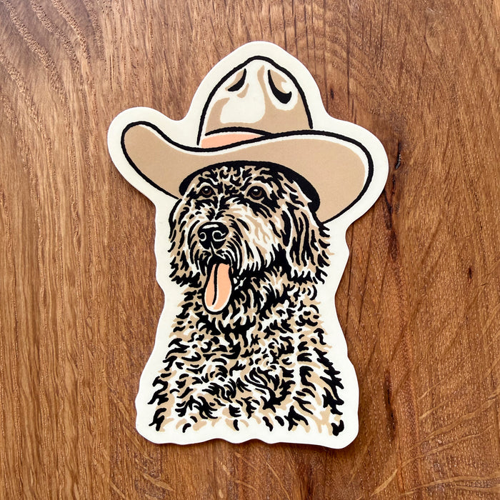 Goldendoodle Cowdog - 4 Inch Matte Vinyl Cowboy Dog Sticker