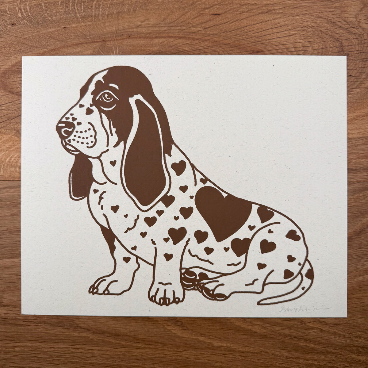Basset Hound Hearts - Signed 10x8in Silkscreen Print on Recycled Paper