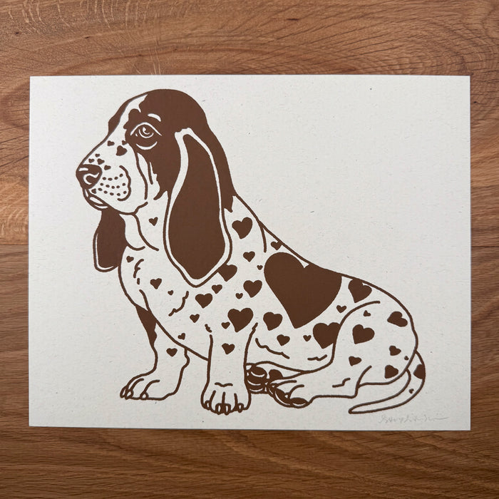 Basset Hound Hearts - Signed 10x8in Silkscreen Print on Recycled Paper