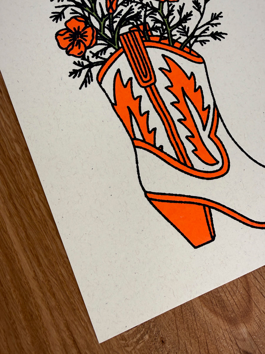 California Poppy Boot - Signed 8x10in Silkscreen Print on Recycled Paper