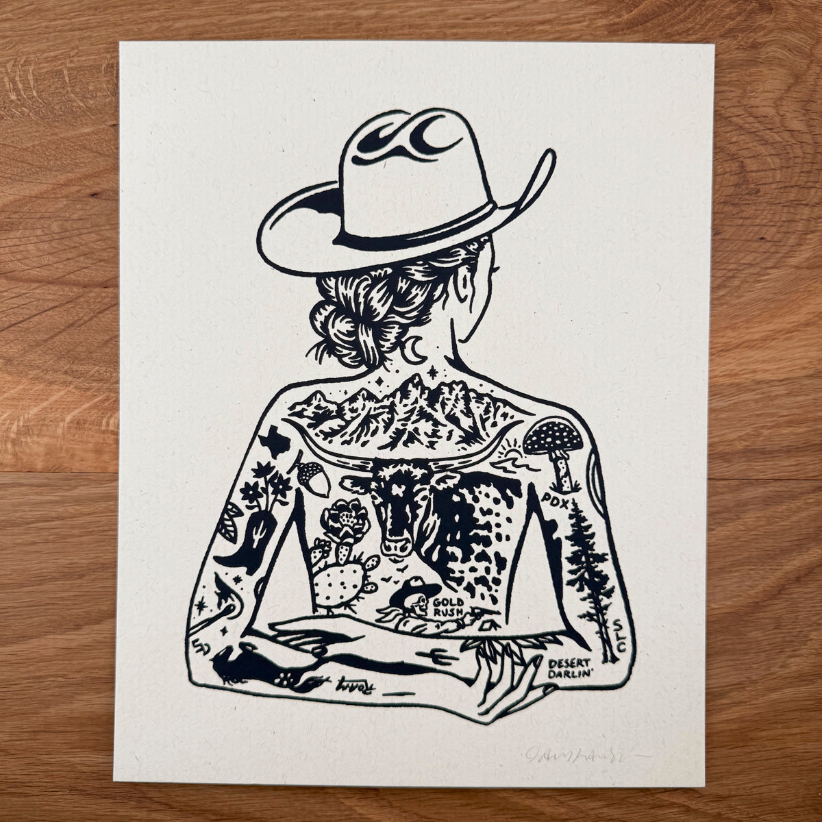 Tattooed Cowgirl 1 - Signed 8x10in Silkscreen Print on Recycled Paper