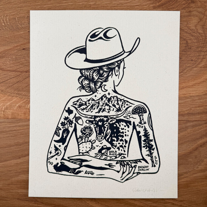 Tattooed Cowgirl 1 - Signed 8x10in Silkscreen Print on Recycled Paper