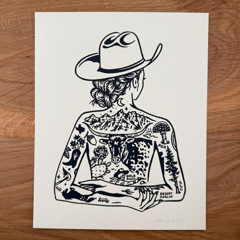 Tattooed Cowgirl 1 - Signed 8x10in Silkscreen Print on Recycled Paper