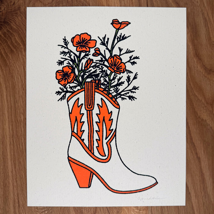 California Poppy Boot - Signed 8x10in Silkscreen Print on Recycled Paper
