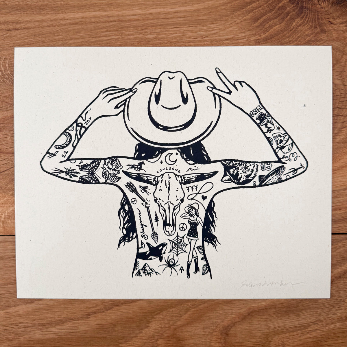 Tattooed Cowgirl 4 - Signed 10x8in Silkscreen Print on Recycled Paper