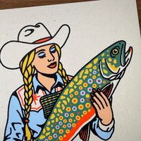 Brook Trout Cowgirl #2 - Signed 8x10in Silkscreen Print on Recycled Paper