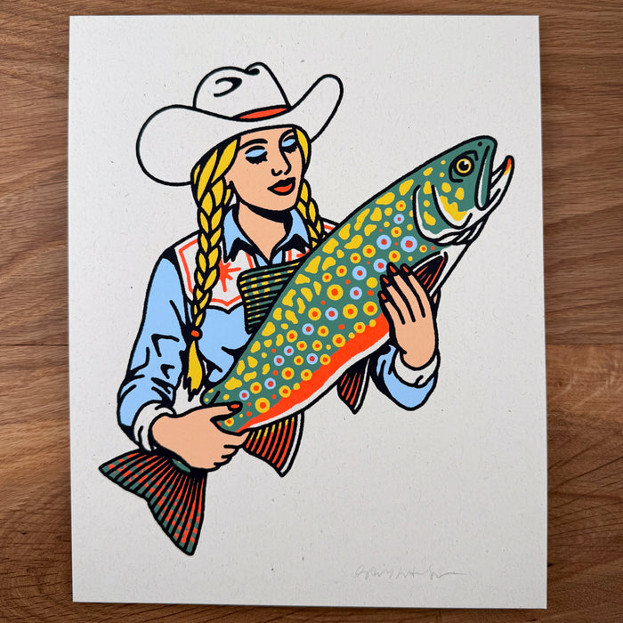 Brook Trout Cowgirl #2 - Signed 8x10in Silkscreen Print on Recycled Paper