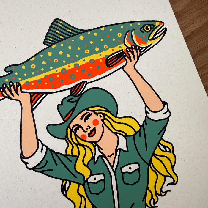 Brook Trout Cowgirl #1 - Signed 8x10in Silkscreen Print on Recycled Paper