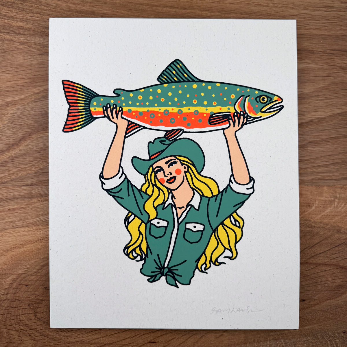 Brook Trout Cowgirl #1 - Signed 8x10in Silkscreen Print on Recycled Paper