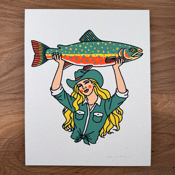 Brook Trout Cowgirl #1 - Signed 8x10in Silkscreen Print on Recycled Paper