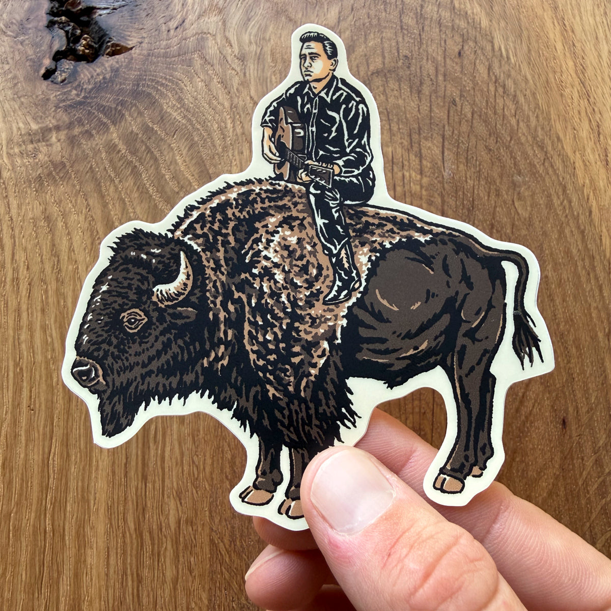 Johnny on a Bison 4 Inch Matte Vinyl Sticker