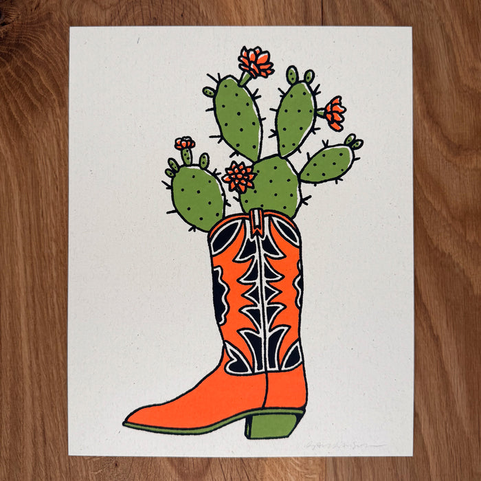 Prickly Pear Boot - Signed 8x10in Silkscreen Print on Recycled Paper