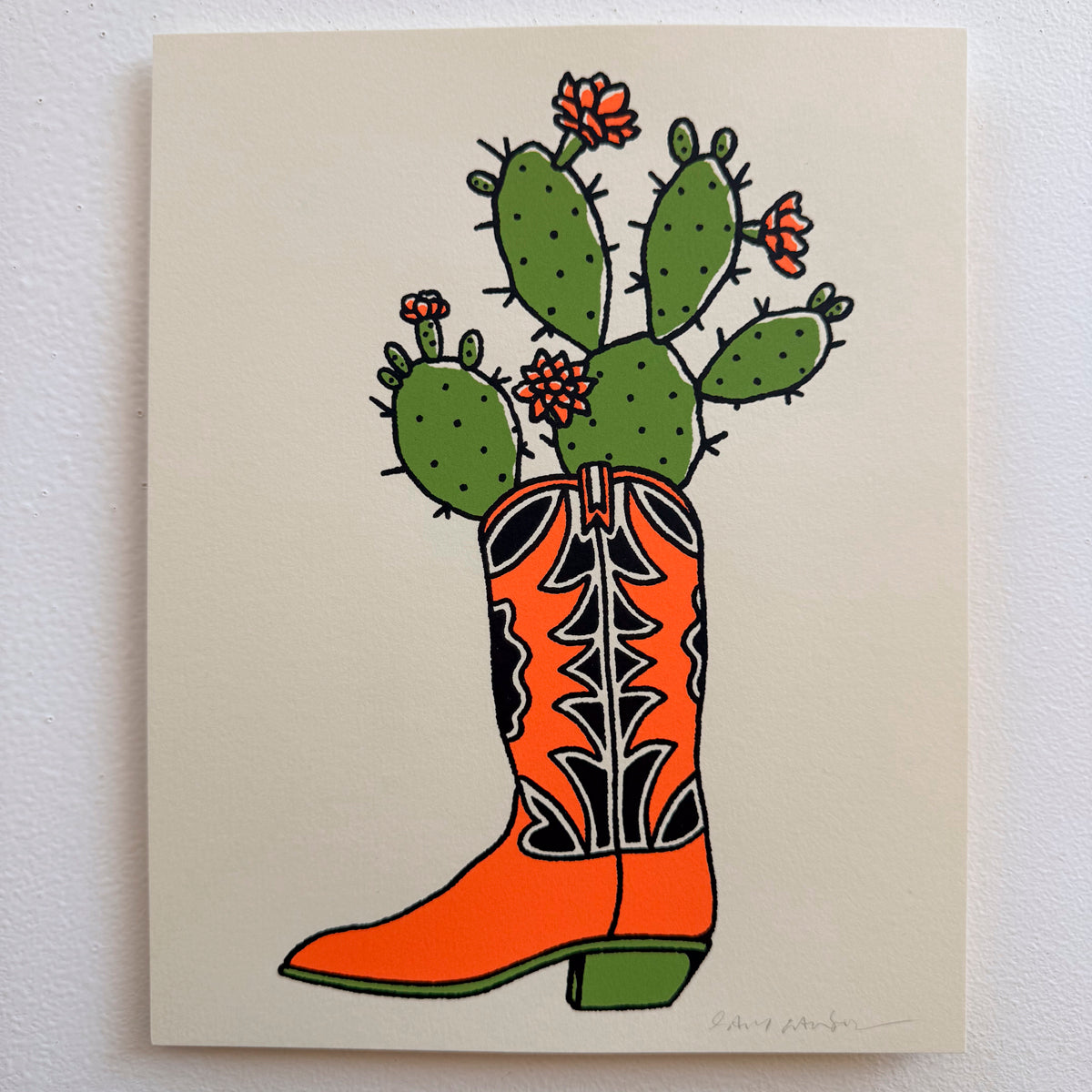 Prickly Pear Boot - Signed 8x10in Silkscreen Western Cactus Print