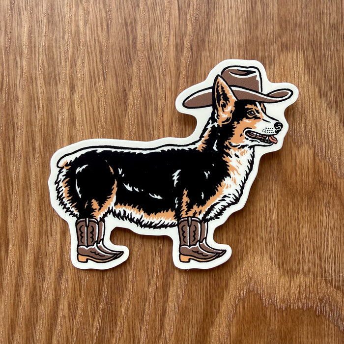 Tri Corgi Cowdog Full Body - 3 Inch Matte Vinyl Western Cowboy Dog Sticker