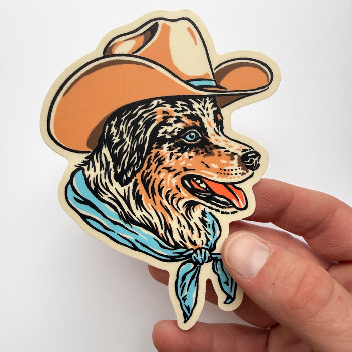 Australian Shepherd (Blue Merle) Cowdog - 4 Inch Matte Vinyl Cowboy Dog Sticker
