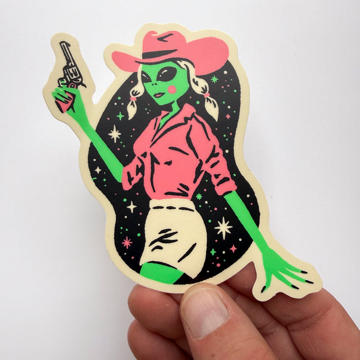 Alien Dolly - 4 Inch Matte Vinyl Retro Western Cowgirl Sticker